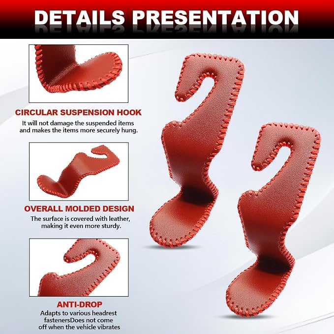 Automotive Universal 2PCS Leather Headrest Hooks, for Car Keep Purses Bags Coats and Groceries Secure Universal Fit for Most Vehicles, Red