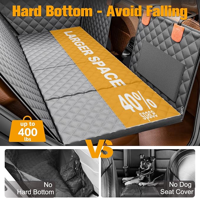 Back Seat Extender for Dogs, Hard Bottom Dog Car Seat Cover - Supports 400lbs, Rear Seat Pet Cover with Mesh Window, Waterproof Dog Hammock for Car SUV