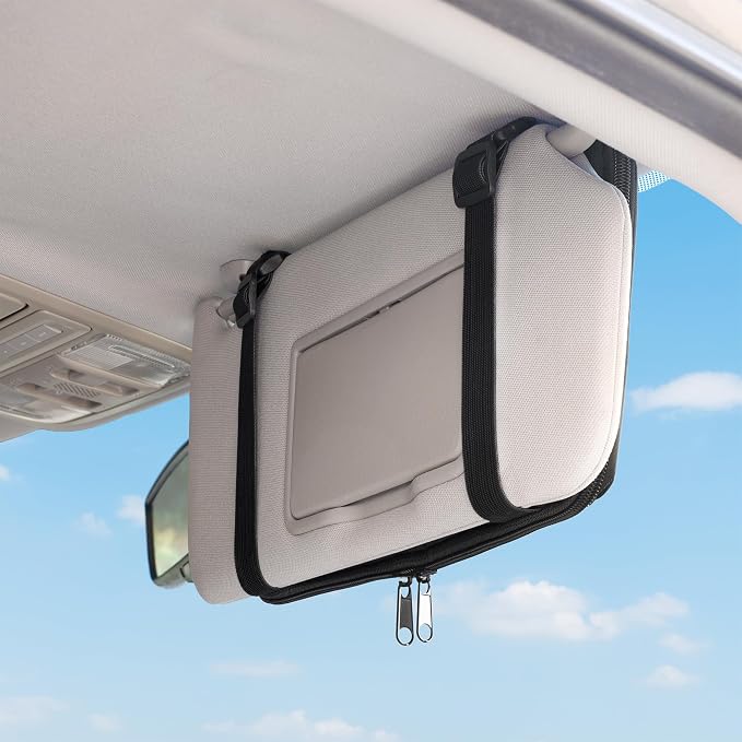 Car Visor Organizer – Non-Sag Adjustable Straps – Nylon Sun Visor Storage Pouch with Card Holders, Pen Slots & Mesh Pockets – Universal Fit for Most Cars, Trucks & SUVs | Non-Sag Design