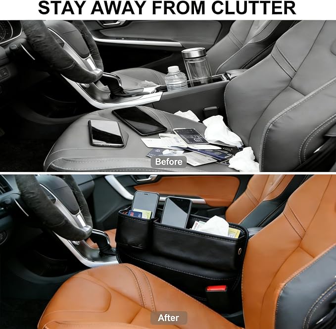 Car Seat Gap Filler Organizer, PU Leather Car Accessories Organizer, for Front Seat,Console Organizer for Phone, Keys and Small Items, It has a cup holder and a long storage slot. （Passenger side）