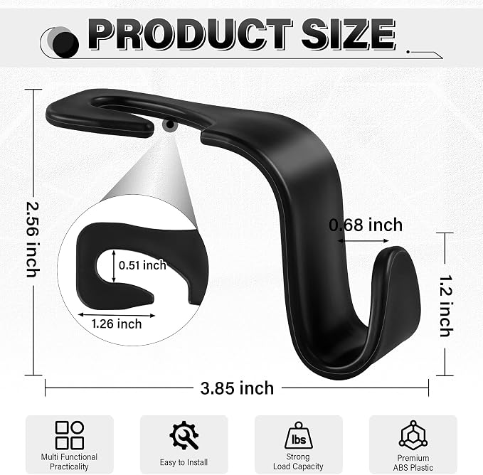 4 Pack Car Seat Headrest Hooks, Vehicle Back Seat Hanger Storage Organizer for Purse Handbag Backpack Coat Grocery, 360° Rotating Heavy Duty Holds 44lbs, Black