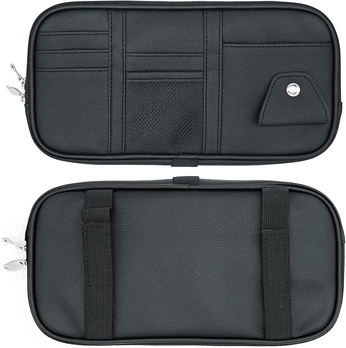 Car Visor Organier Truck SUV Sun Visor Storage Pocket PU Leather Pouch Holder with Multi-Pocket Double Zipper Net Pocket, for Cards Pens Sunglasses Document (Black)