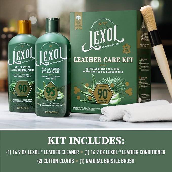 All Leather Care Kit - 5-Piece Natural Leather Cleaner & Conditioner with Aloe Vera, Bee Milk, Cloths & Brush for Car Seats, Furniture, Jackets, Bags & Boots, Gift for leather lovers