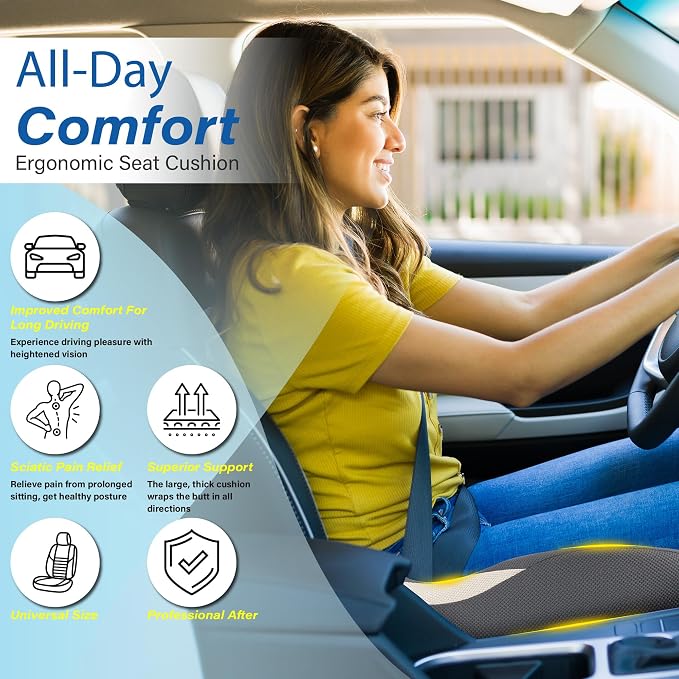 Car Seat Cushion for Driving, Car Seat Pillow for Short Drivers | Ergonomic Memory Foam Seat Cushion for Pain Relief, Adult Booster Seat for Car, Butt Cushion for Car, Truck, Office Dark Gray