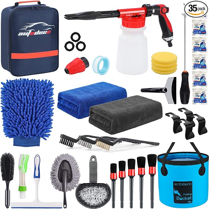 35Pcs Car Wash Detailing Kit Cleaning Kits with Foam Gun Sprayer Collapsible Bucket Brush Large Wash Mitt Towels Complete Interior Exterior Car Washing Supply Set Blue