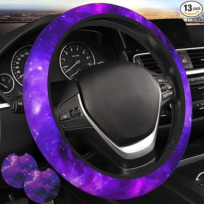 Starry Sky Purple Steering Wheel Cover Starry Sky Purple Milky Way Steering Wheel Cover Anti-Slip Universal Breathable 14-15-in 2 Car Cup Coasters for Men Women