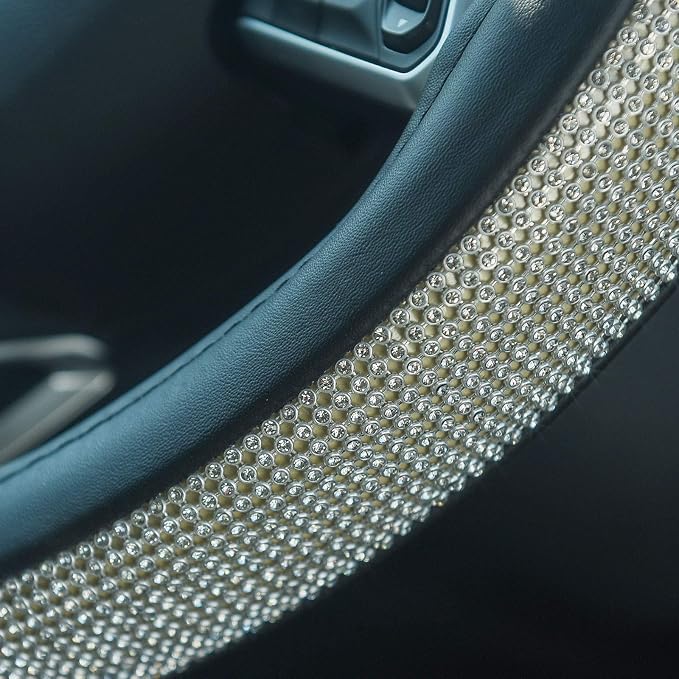D Sharp Diamond Leather Steering Wheel Cover with Bling Bling Crystal Rhinestones, Universal Fit 15 Inch Car Wheel Protector for Women Girls,Black