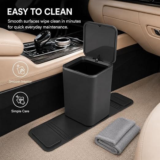 Mini Car Trash Can with Press Lid, Leakproof One-Piece Design, ABS Plastic Garbage Bin with Stainless Steel Spring for Auto Interior (Black)