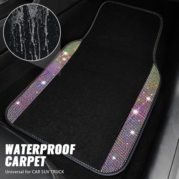 Bling Diamond Leather Steering Wheel Cover 14.5in-15in Floor Mats Shining Rhinestone Carpet Sparkly Glitter Crystal Anti-Slip Pad Fit Automotive SUV Pickup Truck Girl Women, 5pcs Multicolor