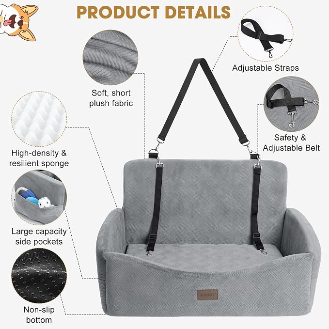 Dog Car Seat for Large Medium Sized Dogs Under 55 lbs, Dog Booster Seat for 2 Small Dogs with Detachable Washable Cover, Memory Foam Pet Car Seat with 2 Safety Belts and Storage Pockets