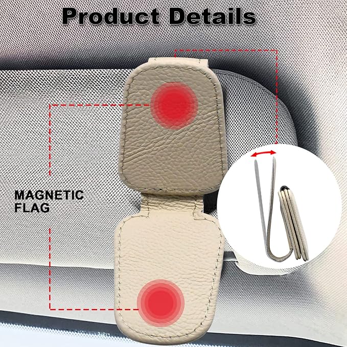 2 Pack Leather Car Visor Sunglass Holder, Magnetic Leather Glasses Eyeglass Hanger Clip for Car, Sunglass Clip Glasses Holder for Car Visor（Beige）