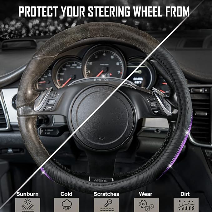 Bling Diamond Black Leather Steering Wheel Cover, Studded Crystal Rhinestones Universal Fit 14" 1/2-15" Glitter for Women Sparkle Girl Fit Suvs,Vans,Sedans,Car,Trucks, Purple Diamond