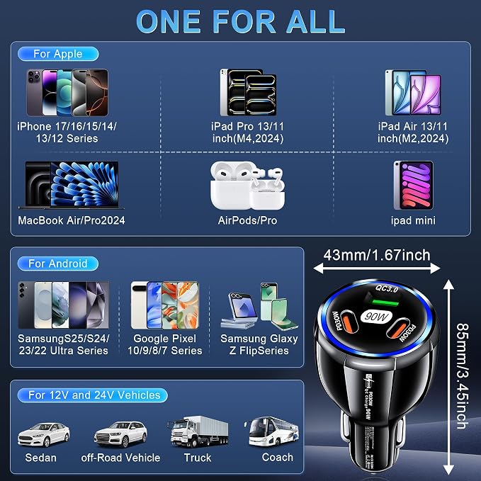 Car Charger Adapter, 3 Port USB-C & USB-A 90W Fast Charger, Car Interior Accessories, Essential Travel Gifts for Men and Women, Fit for iPhone 17/16/15/14/13Pro Max, Samsung, Android (Black 1pc)