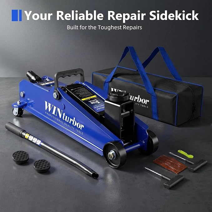 3 Ton Floor Jack, 6000 lb, 7.6"-21.3" Lift, w/Pads, Bag & Tire Kit | Heavy-duty floor jack for SUVs, pickups and sedans. 7.6" entry, 21.3" max lift. Includes 2 pads, bag & 8‑pc tire kit.