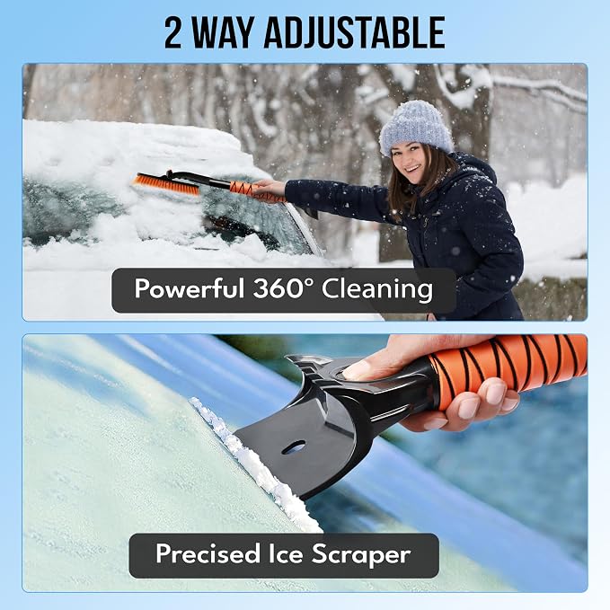 27" 3 in 1 Snow Brush with ice Scraper for car Windshield and Window | 360° Aluminum Rotatable Snow Brush for car | Winter Snow Removal Tools with Detachable Foam Grip | Winter Car Accessories