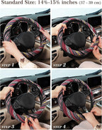 Boho Steering Wheel Cover with Baja Blanket Cloth, Ethnic Style Auto Wheel Cover Made of Coarse Flax, Fits 14 1/2-15 1/4 inches Car Wheel