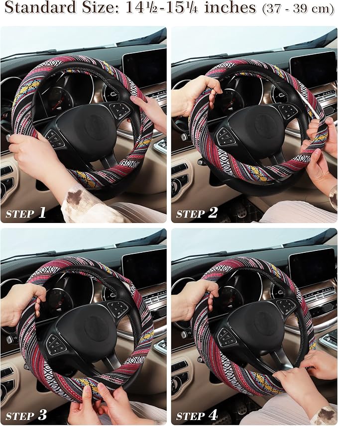 Boho Steering Wheel Cover with Baja Blanket Cloth, Ethnic Style Auto Wheel Cover Made of Coarse Flax, Fits 14 1/2-15 1/4 inches Car Wheel