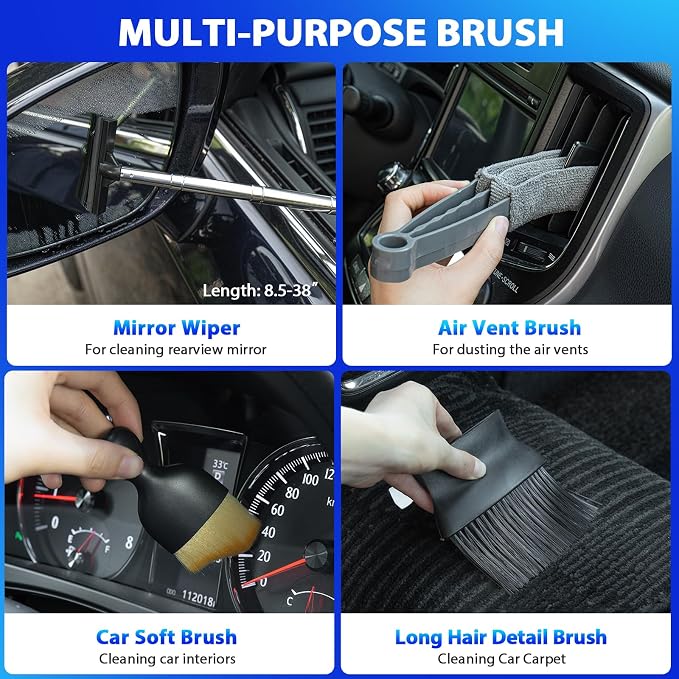 Car Cleaning Kit, Car Detailing Kit Interior Cleaner with High Power Handheld Vacuum, 10Pcs Detailing Brush and Storage Bag, Gray Auto Interior Cleaning Kit for Men