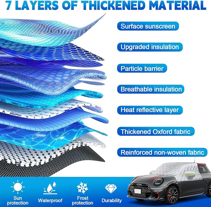 Custom Fit Windshield Snow Cover for Mini Cooper – 6-Layer Frost Guard with Mirror Covers & Secure Steel Hooks – Automotive Windshield Snow Covers