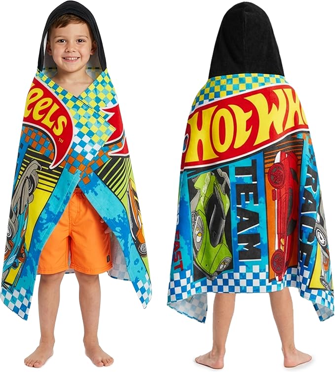 Hot Wheels Cars Bath Towels with Hood for Boys, Ages 2-6, One Size Soft and Absorbent Hooded Cotton Beach Towel Wrap, Swimming Pool Poncho, Gifts for Boys (Multi Hot Wheels)