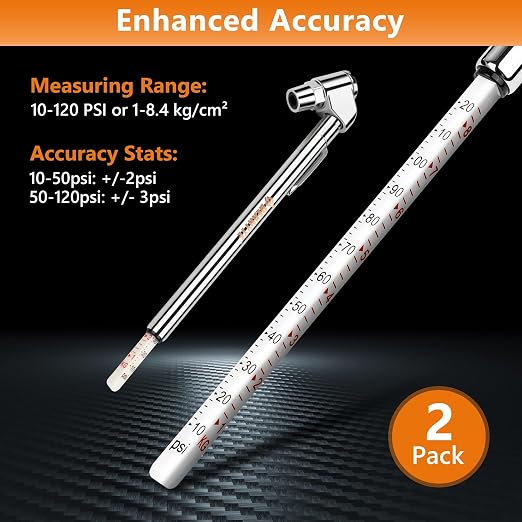 Presta Bike Tire Air Pressure Gauge Pencil 10-120 Psi for Schrader or Presta Valves Car Bicycle Or Motorcycle - 2 Pack