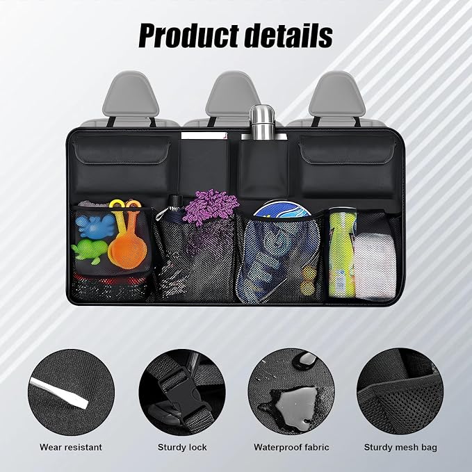 Car Trunk Organizer, Backseat Hanging Trunk Organizers and Storage, Waterproof Collapsible Cargo Storage Bag with 4 Pockets & 4 Mesh Pouches, Car Interior Accessories for SUV, Truck (Black)