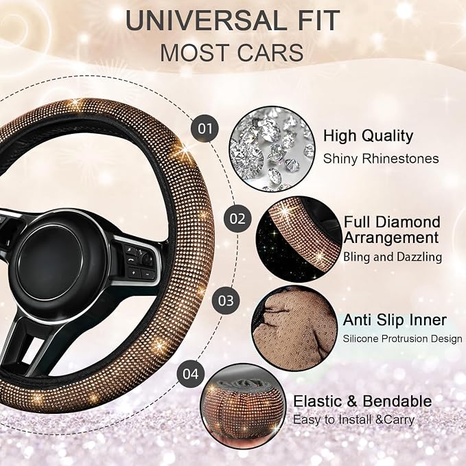 12 Pcs Bling Car Accessories Set for Women Car Floor Mats Full Set Steering Wheel Cover Seat Belt Covers Coasters Universal Fit Car SUV Truck Van Champagne