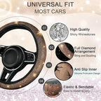 12 Pcs Bling Car Accessories Set for Women Car Floor Mats Full Set Steering Wheel Cover Seat Belt Covers Coasters Universal Fit Car SUV Truck Van Champagne