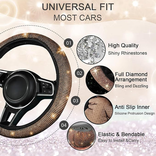 12 Pcs Bling Car Accessories Set for Women Car Floor Mats Full Set Steering Wheel Cover Seat Belt Covers Coasters Universal Fit Car SUV Truck Van Champagne