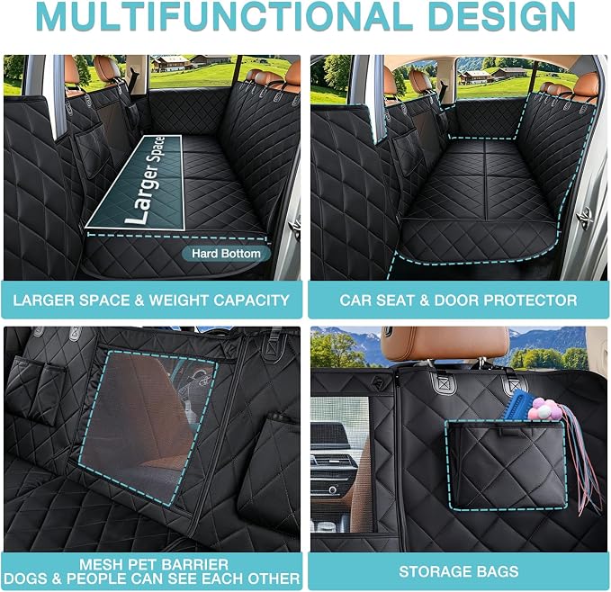 Back Seat Extender for Dogs + 2 Dog Seat Belts, Waterproof Heavy Duty Hard Bottom Car Seat Cover for Dogs with Door Protector Cover & Mesh Window | Dog Hammock for Car Pet Seat Protector for Car/Suv
