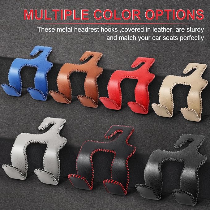 Upgraded Superior Leather Car Seat Back Headrest Hook, 2 in 1 Auto Seat Hook Hangers Holder Organization Interior Accessories for Purses Coats Umbrellas Grocery Bags Handbag (Red)