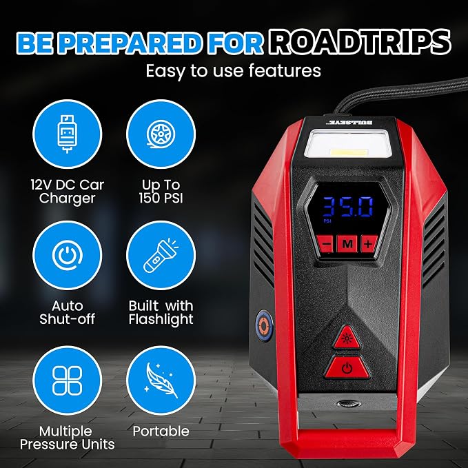 Bullseye 12V DC Car Tire Inflator Portable Air Compressor - Rapid 2 Minute Inflation, Auto Shut-Off, Max 150 PSI, Easy Cord Storage, Digital Pressure Gauge, LED Display - (Red) - As Seen on TV