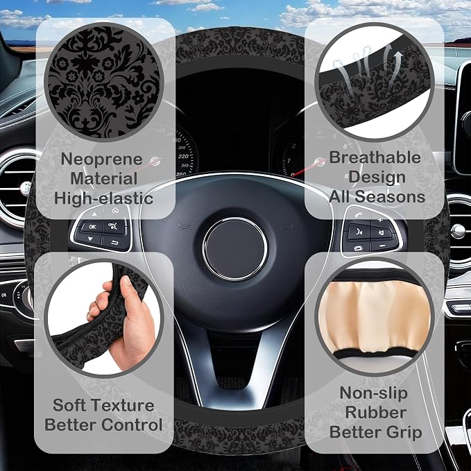 Black Damask Flower Steering Wheel Cover for Women, Anti-Slip Car Steering Wheel Cover with 2 Pcs Cup Holders Neoprene Breathable Car Accessories Universal 15 Inch Auto Interior Decor