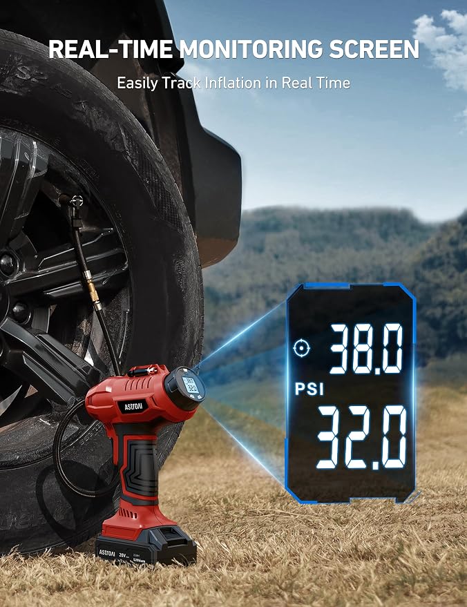 C2 Cordless Tire Inflator Air Compressor 20V Rechargeable Battery Powered 160PSI Portable Air Pump with 12V Car Power Adapter Digital Pressure Gauge for Cars Motorcycles Red