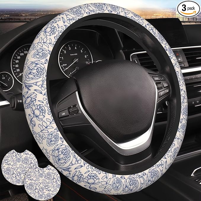 Blue Flower Steering Wheel Cover - Cute Anti-Slip Breathable Universal 14-15 in 2 Car Coasters for Men Women Beautiful Blue Floral Steering Wheel Cover Florals