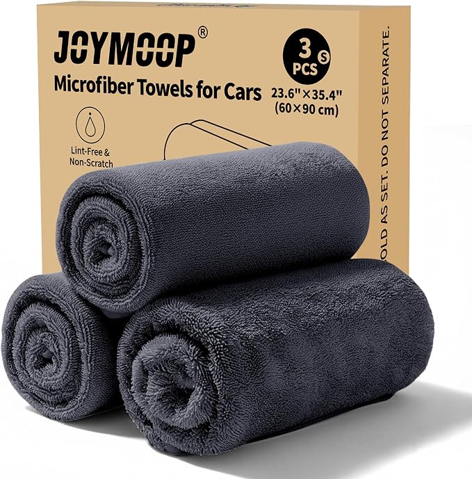 Microfiber Towels for Cars, 3 Pack 35.4" x 23.6" Car Drying Towel, Dark Gray Reusable Car Towel, Quick Drying Car Microfiber Cleaning Cloth for RVs, SUVs, Trucks