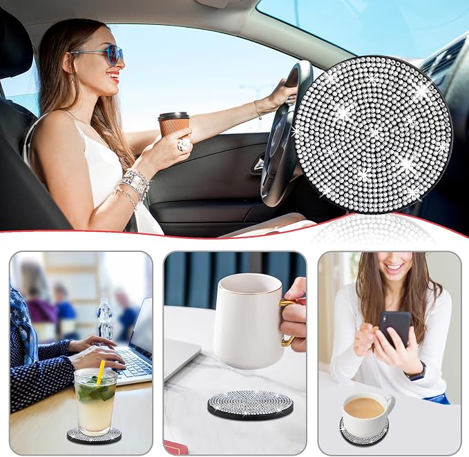4 Pack Bling Car Coasters, Car Cup Holder Coaster, Rhinestone Coaster for Cup Holders, Silicone Car Coasters for Women Car Interior Accessories (2.75'' White Crystal Circle)