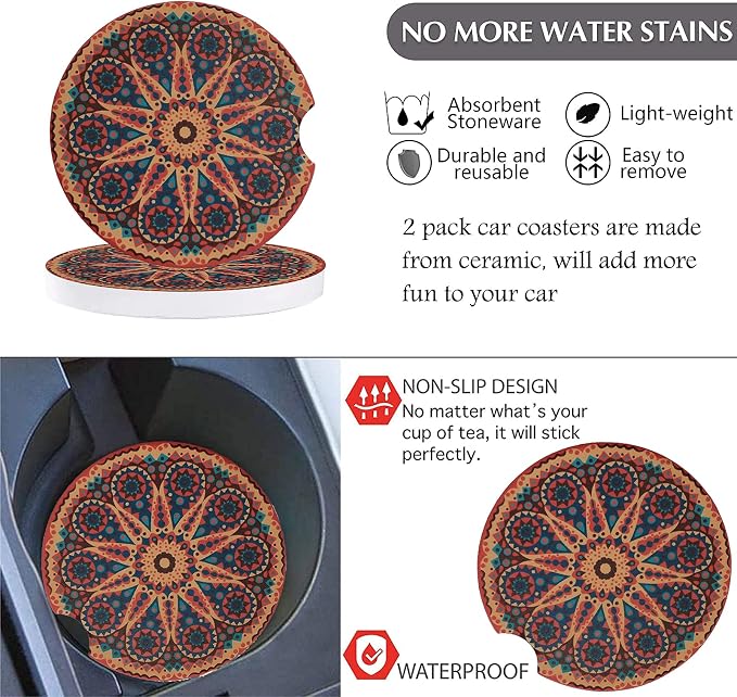 3 Pack Boho Steering Wheel Cover with Car Cup Holder Coasters Universal Baja Hippie Bohemian Style Steering Wheel Covers Cute Car Steering Wheel Cover for Women Girl 15 Inch (Yellow)