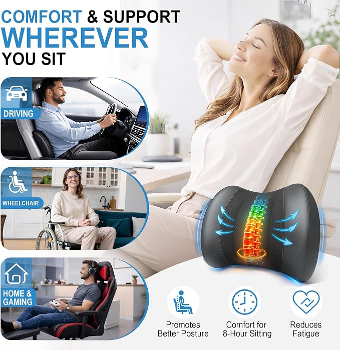 Lumbar Support Pillow for Car, Car Seat Back Support for Driving | Memory Foam Car Lumbar Support for Driving Seat, Car Back Cushion, Adjustable Straps, Lower Back Pillow, Office Chairs, Black