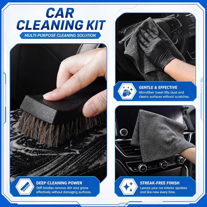 12PCS Car Cleaning Kit, Leather Brush Car Detailing Interior Set, Horsehair Seat Brushes, Auto Detail Brush, Microfiber Towels, Applicator Pads & Storage Bag, Automotive Supplies