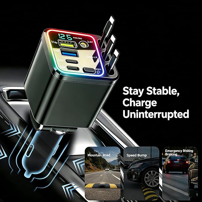 7 in 1 Retractable Car Charger,102W Star Lights Fast Charging Car Charger | Car Charger USB C,Car Accessories,Voltage Smart Display,3 Retractable Type-C Cables for iPhone 17 Pro/16/15,Galaxy S26,Pixel