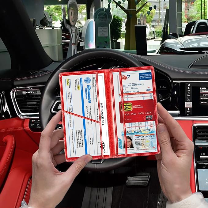 Car Registration and Insurance Card Holder, Vehicle License Document Glove Box Compartment Organizer, Interior Car Accessories for Women Men (Glitter Red)