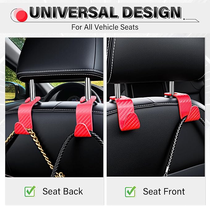 Universal 2 Pack Car Seat Headrest Purse Hook, Carbon Fiber Back Seat Hook Storage Organizer Hanger for Purse Handbag Coat, Car Interior Accessories(Red)