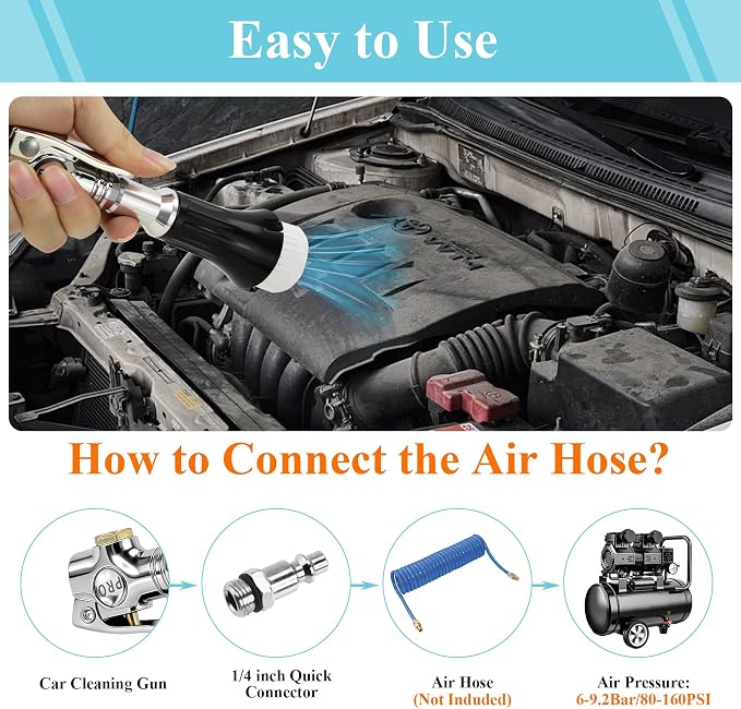 Mini Tornado Air Blow Gun with Detachable Brush Car Cleaning Kit | Vortex Cleaning Gun Trumpet Head High Pressure Dryer Blow Gun Pneumatic Interior Cleaning Tool with Tornado Airflow