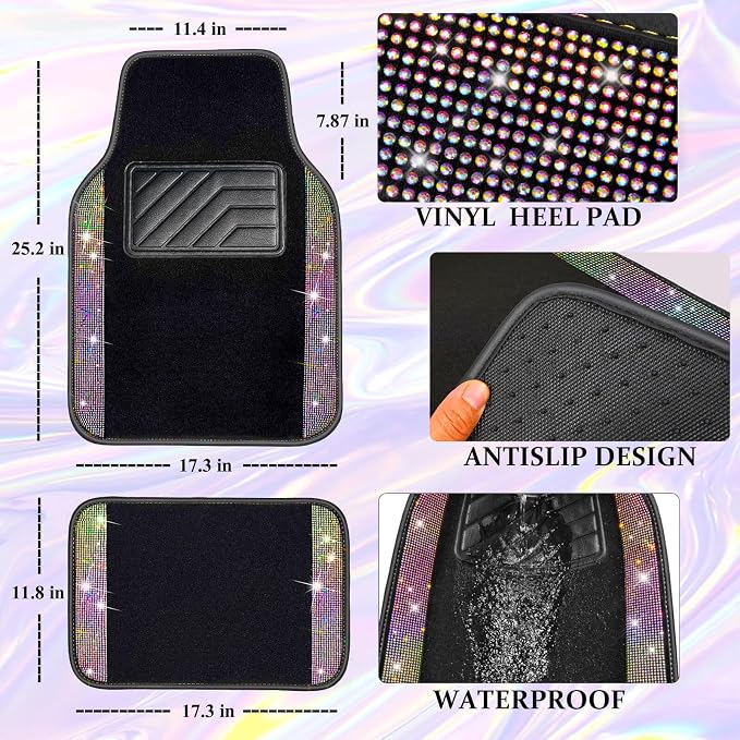 Bling Diamond Leather Steering Wheel Cover 14.5in-15in Floor Mats Shining Rhinestone Carpet Sparkly Glitter Crystal Anti-Slip Pad Fit Automotive SUV Pickup Truck Girl Women, 5pcs Multicolor