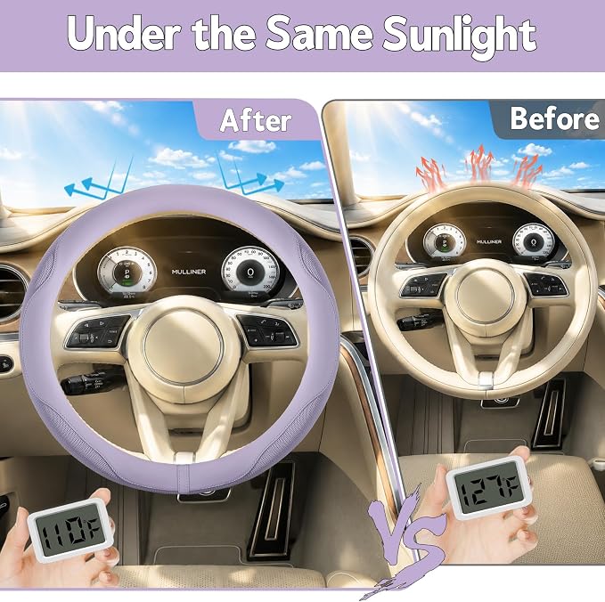 6 PCS Nappa Microfiber Leather Purple Steering Wheel Cover Set, Breathable Fabric Steering Wheel Cover 14.5-15inch Universal, Car Center Console Cover, Seat Belt Cushion, Cup Holder Coaster