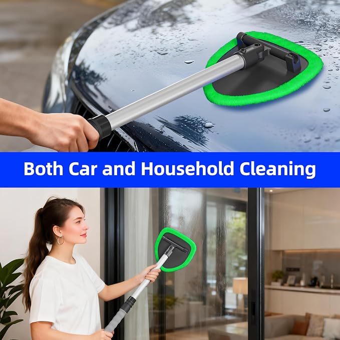 Windshield Cleaning Tool, Car Window Cleaner Windshield Cleaner with 4 Reusable and Washable Microfiber Pads and Extendable Handle Auto Inside Glass Wiper Kit (Green)
