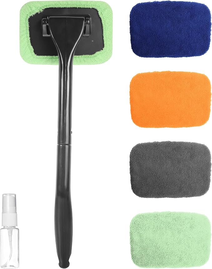 6PCS Car Detailing Kit,Windshield Cleaner Tool,Car Accessories Inside Windshield Cleaning Tool with Extendable Handle,4 Microfiber Pads and 1 Spray Bottles,Suitable for All Cars,Trucks,SUVs,RVs