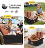 Dog Car Seats for Small/Medium Dogs, Elevated Memory Foam Dog Booster Seat, Detachable Washable Pet Car Seat with Safety Belts & Storage Pockets (Black-Brown)
