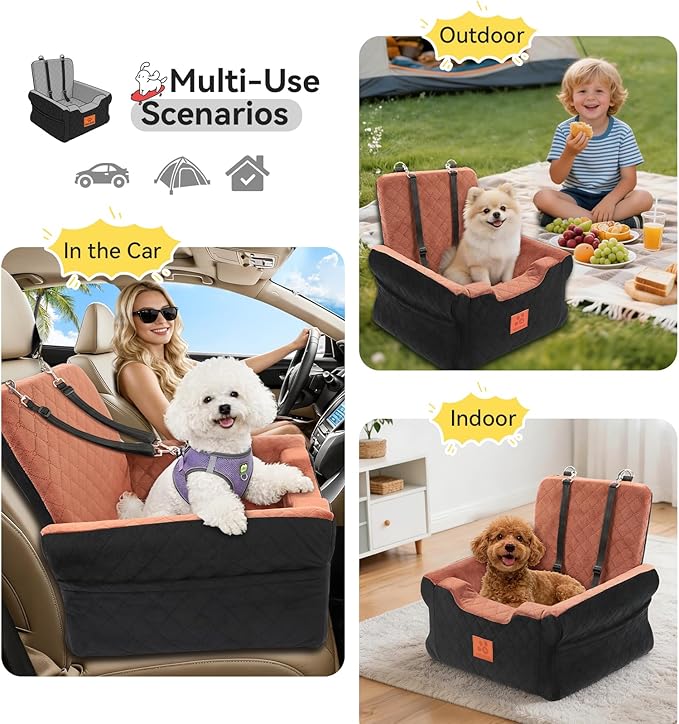 Dog Car Seats for Small/Medium Dogs, Elevated Memory Foam Dog Booster Seat, Detachable Washable Pet Car Seat with Safety Belts & Storage Pockets (Black-Brown)